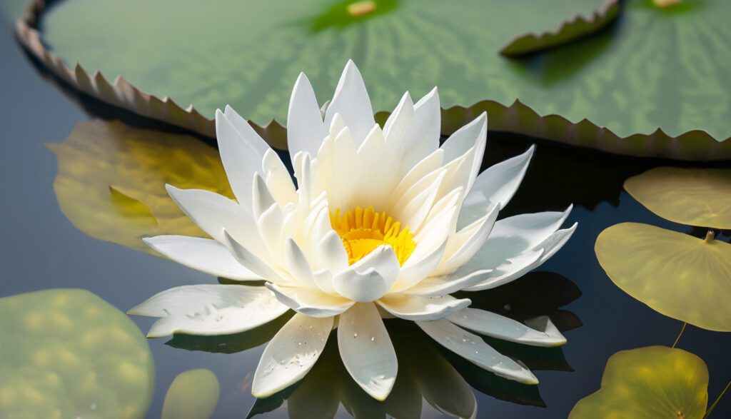 White water lily floating on water.