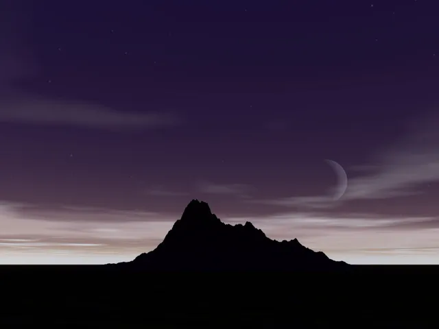 Night sky, crescent moon, silhouetted mountain.