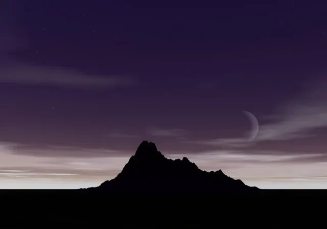 Night sky, crescent moon, silhouetted mountain.