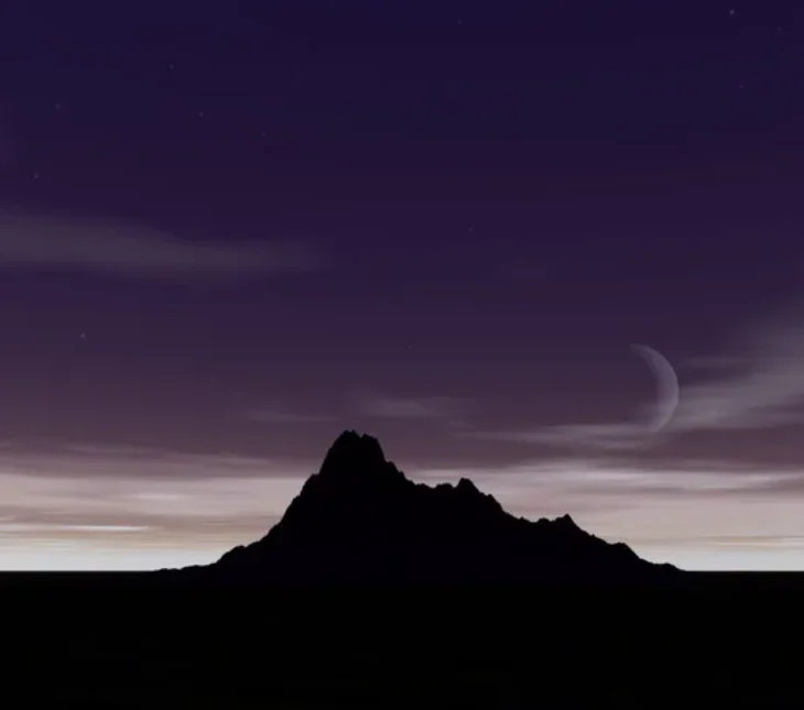 Night sky, crescent moon, silhouetted mountain.